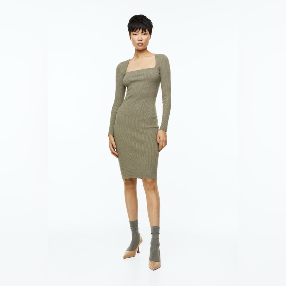 H&M Rib-knit dress in Khaki Green (S)